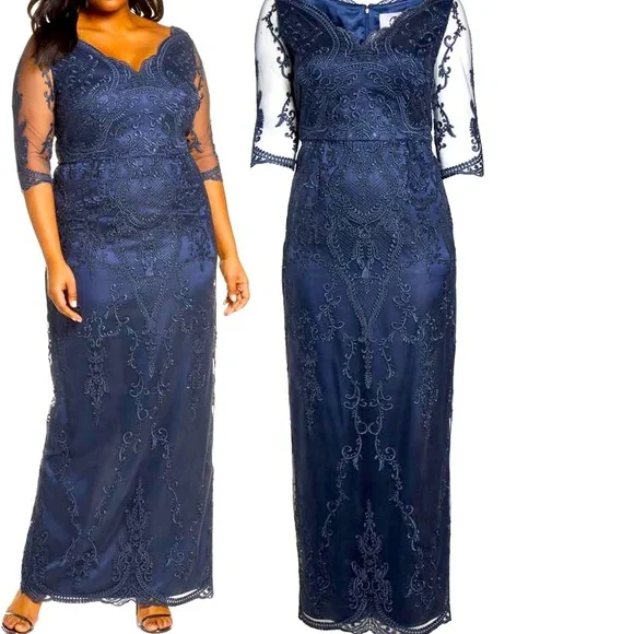 NWT JS Collection Scallop V Neck Embroidered Mesh Gown Size 16W - Picture 4 of 10